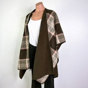 Woolrich Tartan Plaid Reversible Microfleece Blanket Cape Shawl Poncho Brown OS